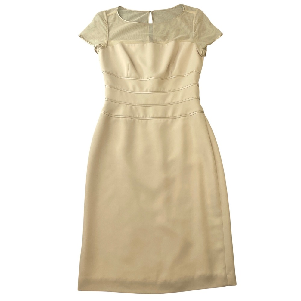 Talbots Sheath Dress Womens 4 Beige Mesh Yoke Satin Trim Short Sleeve Cocktail
